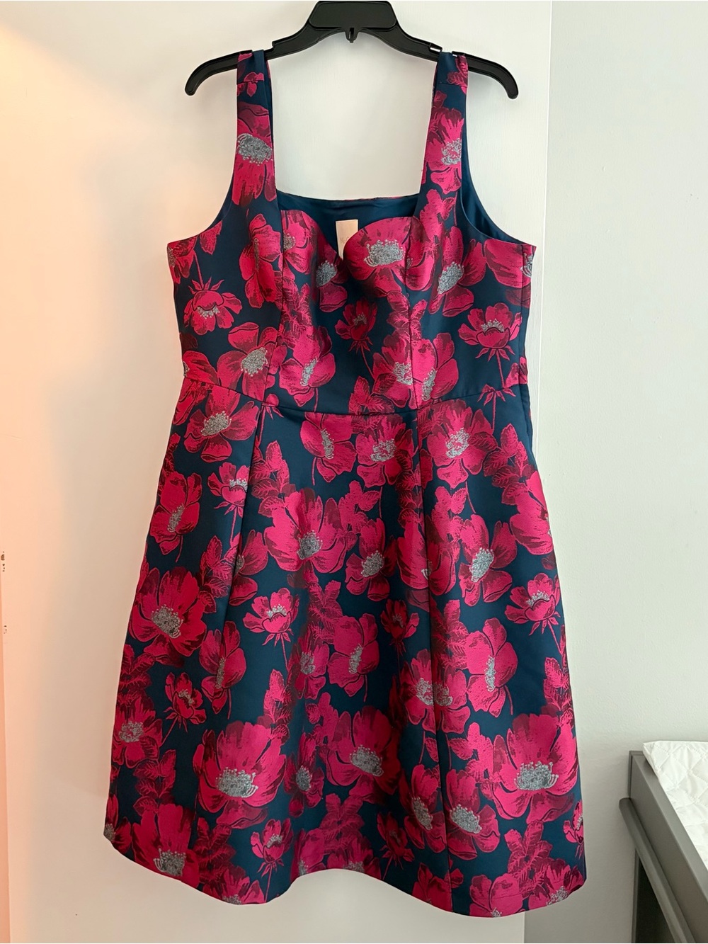 Modcloth Navy Dress with Fuchsia Floral Print and Silver Accents